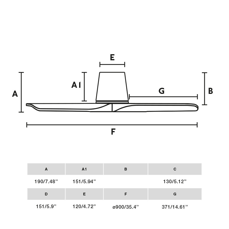 Diagrama de dimensiones y medidas del ventilador de techo HEYWOOD TUB S en negro/nogal de FARO, modelo 33837WT serie 3809, con ventilación smart TUYA, madera de pino FSC certificado para hogar inteligente.