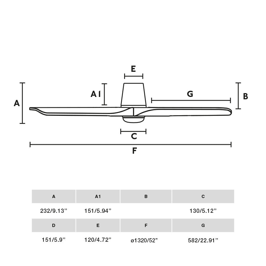 Medidas detalladas del ventilador de techo LED Heywood Tub L negro/nogal TUYA, modelo FARO 33839WT-1TW, ventilador con luz inteligente de madera pino para hogar moderno.