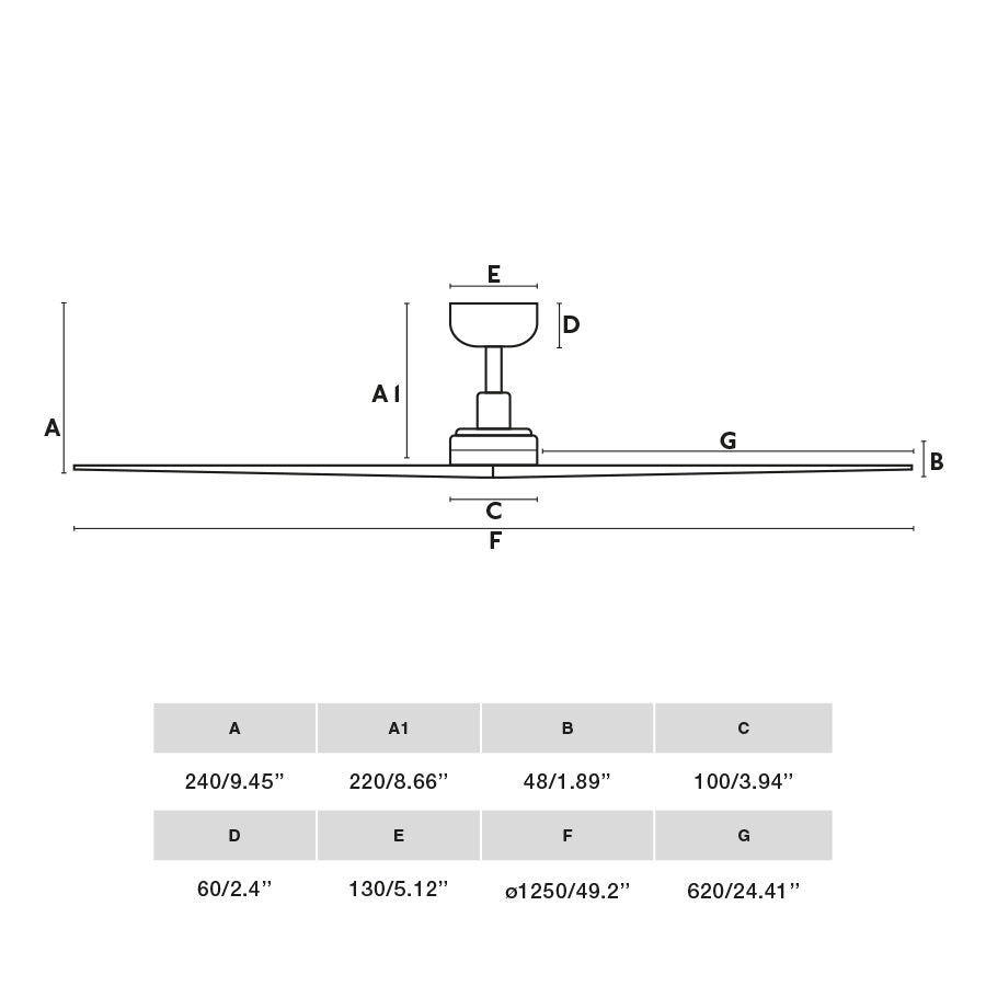 Diagrama de medidas y dimensiones del ventilador de techo KLIM M en negro y pino con motor DC, compatible TUYA Smart Home, modelo FARO 34283WT para techos inclinados
