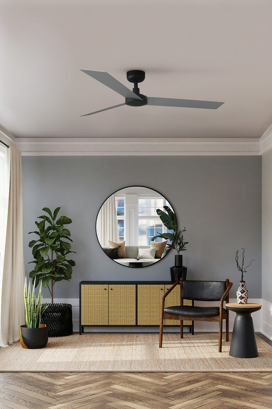 Ventilador de techo CRUISER L negro y aluminio de FARO modelo 34286 en ambiente moderno, sin luz, motor DC eficiente con mando a distancia, ideal para techos inclinados y ventilación contemporánea