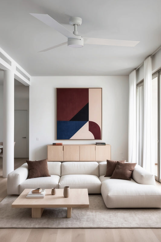 Ventilador de techo CRUISER L LED blanco mate FARO serie 3431 en ambiente hogareño inteligente, con luz LED regulable Tuya, motor DC y ventilación eficiente