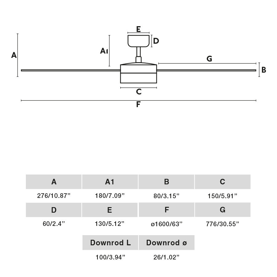 Diagrama de medidas y dimensiones del Ventilador de Techo LED CRUISER XL Blanco WIZ FARO 34292WW-1TW, con luz LED integrada, motor DC eficiente, mando a distancia y función inversa para ventilación en el hogar
