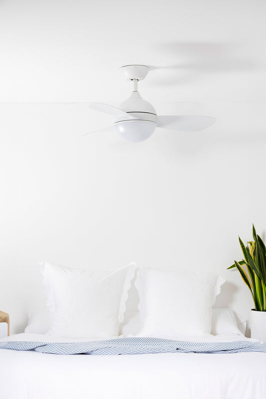 Ventilador de techo con luz LED integrada HVAR S Blanco Mate WIZ de FARO modelo 34300WW, en ambiente hogareño moderno, ventilación inteligente controlada por mando a distancia.