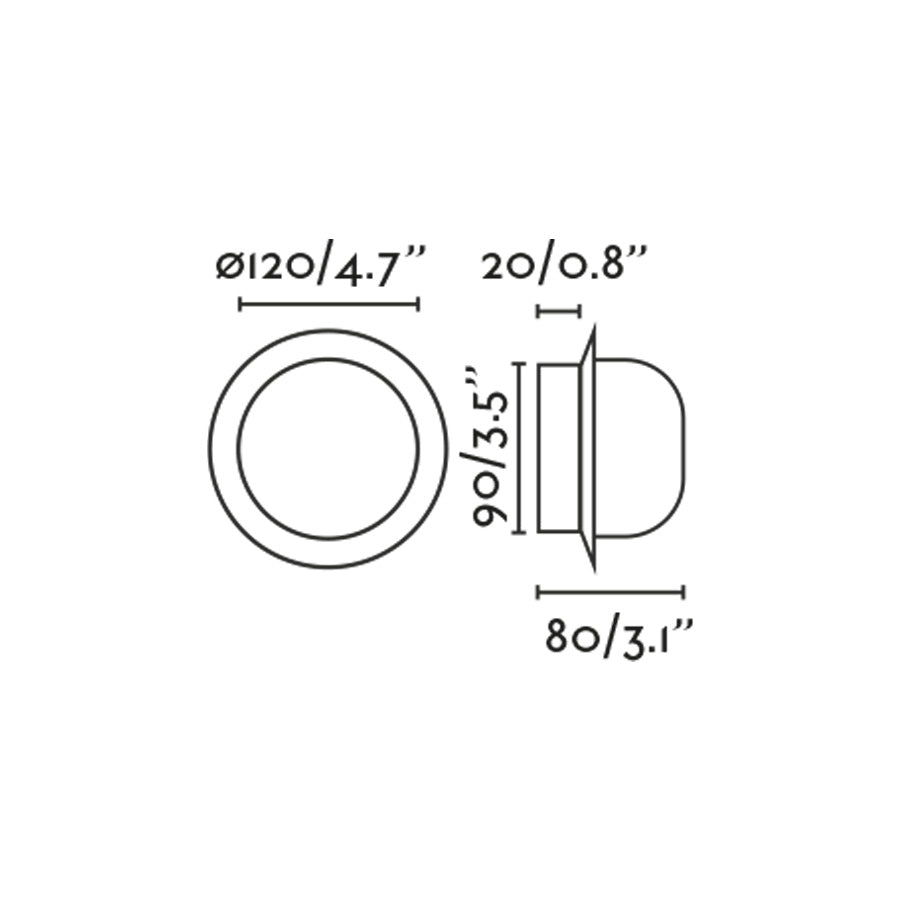 Imagen de medidas del Apliqué Plafón LED MAY Verde FARO 40099, luminaria de pared circular en acero para interior y baño IP44 con iluminación superficial de luz cálida.
