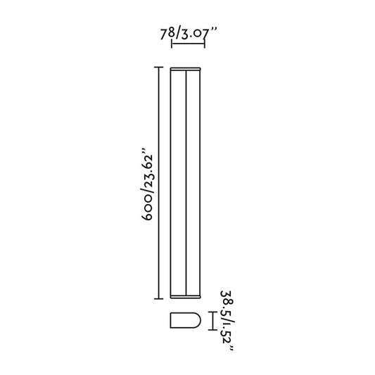 Diagrama de medidas del aplique de pared TIDE 600 en cromo FARO 63523, luminaria LED eficiente para baño interior, superficie instalación