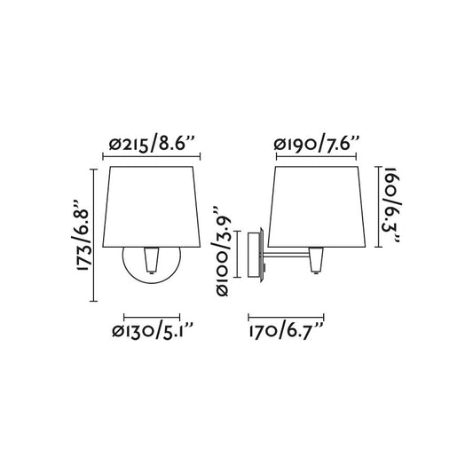 Medidas del aplique de pared Conga Negro/Negro de Faro, modelo 64307-03, luminaria superficie en acero y textil para interior, hogar y hospitality