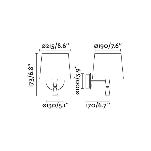 Diagrama de medidas del aplique de pared SAMBA Lector en blanco y verde de FARO (modelo 64308-37), luminaria interior de superficie para lectura en acero inoxidable y textil, ideal para hospitality