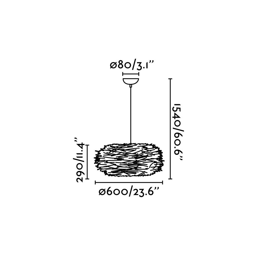 Diagrama de medidas de la lámpara colgante NIDO marrón de FARO modelo 68153, con suspensión en rattan y acero, iluminación LED contemporánea para interior