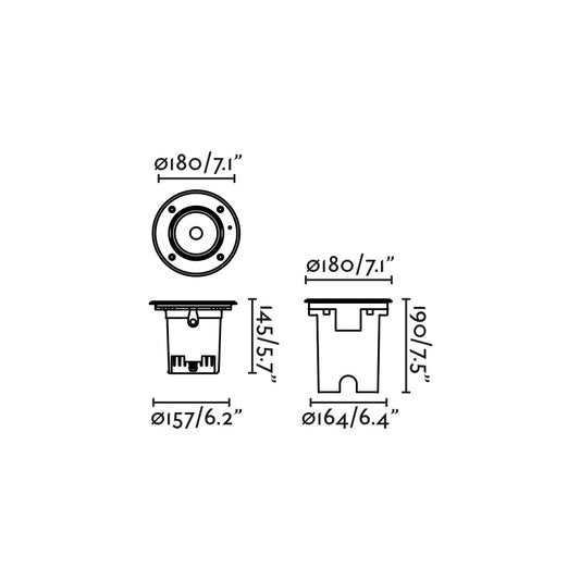 Diagrama de medidas de la luminaria empotrable GEISER 180 FARO 70312, bañador de pared exterior IP67 en acero inoxidable para iluminación de fachadas con LED COB serie 7032