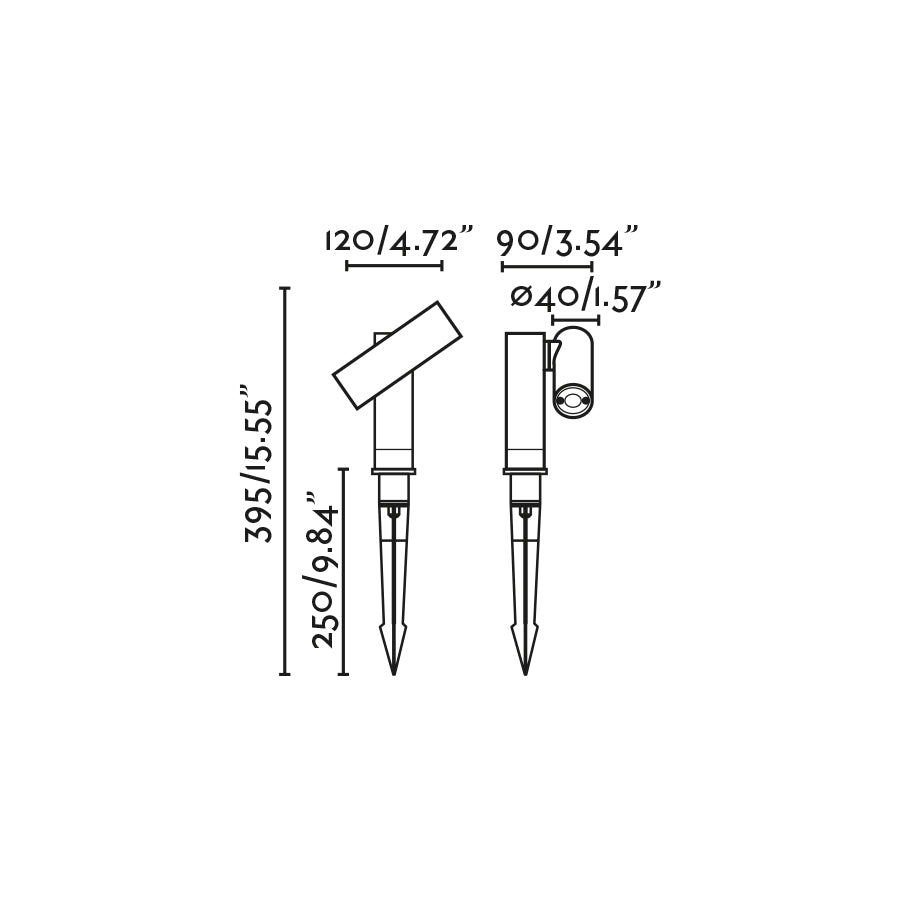 Diagrama de medidas Luminaria Estaca LED SPY 145 Gris Oscuro FARO 70787 serie 7023, iluminación exterior IP65 en aluminio para jardín