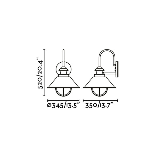 Diagrama de medidas del aplique de pared náutico Faro 350 en marrón óxido, modelo 71129, luminaria exterior de superficie en acero y cristal para jardín, terraza e iluminación clásica serie 119.