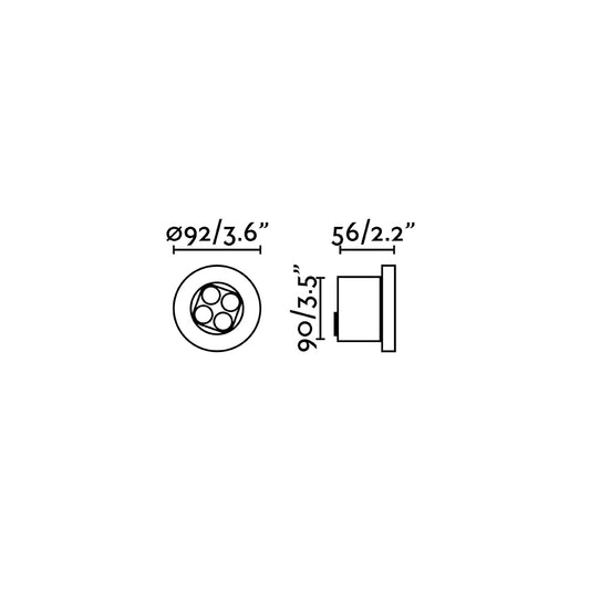 Diagrama de medidas del empotrable TRAS 4L negra FARO 71702, iluminación LED SMD exterior IP67 para jardín y suelo, señalización negra