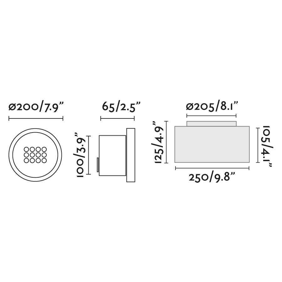 Diagrama de medidas de luminaria empotrable TRAS 25L negra 13º FARO 71716, iluminación exterior LED 25W IP67 en aluminio ABS para señalización de jardín