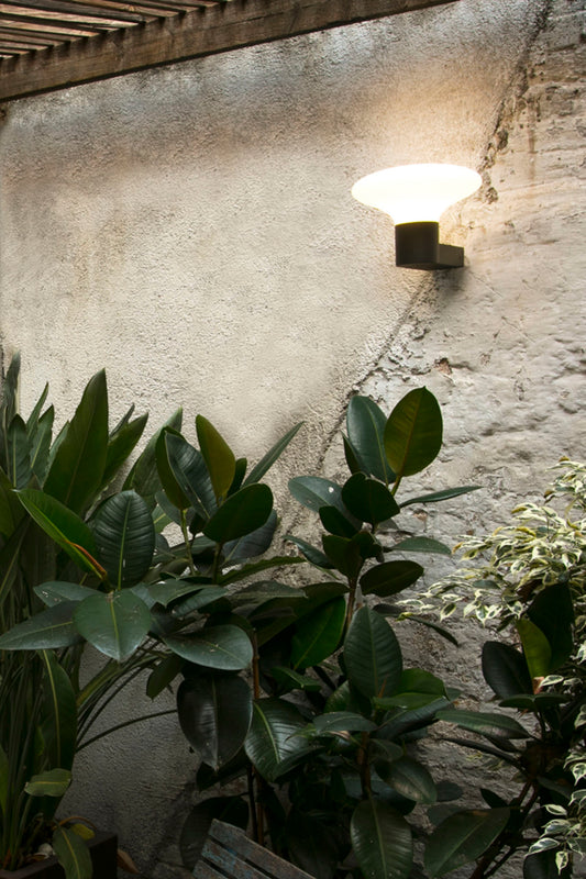 Aplique de pared exterior BLUBS Gris Oscuro FARO 74432A-03 en ambiente de jardín iluminado, luminaria contemporánea de aluminio y PMMA IP44 para exteriores