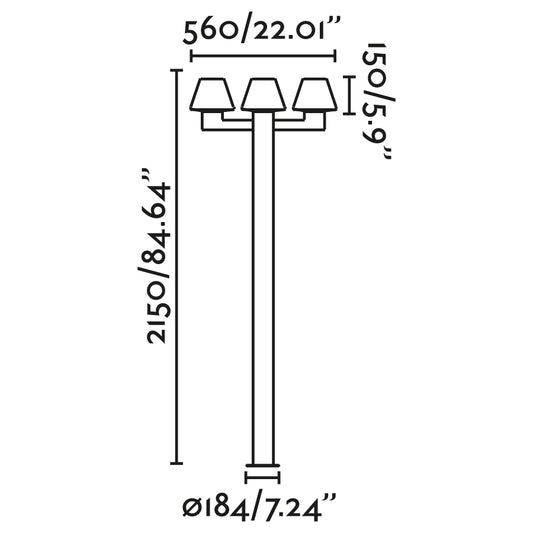 Diagrama de medidas Farola MISTU 3L Gris Oscuro Aluminio FARO 74436F3-02, Iluminación Exterior Jardín IP44 PMMA