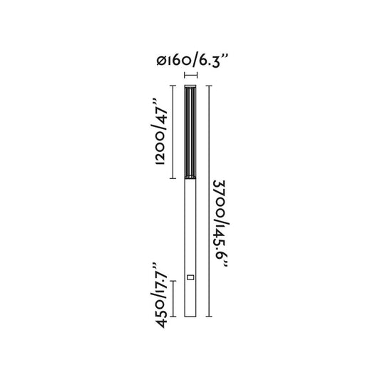 Diagrama de medidas y dimensiones de la farola exterior SCREEN 3700 Gris Oscuro 2700K 180º de FARO modelo 751302, luminaria superficie LED IP65 para jardín, parque e iluminación asimétrica