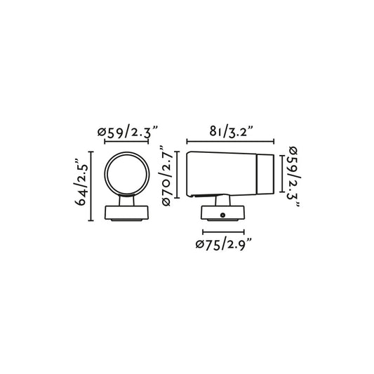 Diagrama de medidas del Proyector Exterior PUK 59 Negro 50° 2700K FARO 75302-223, luminaria LED IP65 para jardín y arquitectura, acento lumínico negro.