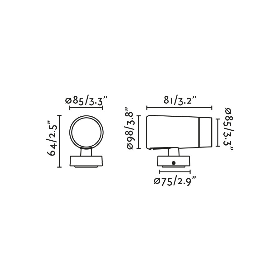 Diagrama de medidas del Proyector LED Exterior PUK 85 Negro 50° 3000K FARO 75303-233, luminaria superficie IP65 IK08, faro exterior LED COB negro para iluminación acento