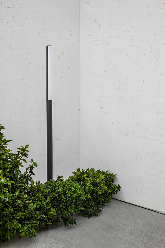 Farola LED BERET 1800 en Gris Oscuro iluminando jardín exterior, luminaria suelo FARO 75524 de aluminio y PMMA, iluminación LED 4000K para exteriores