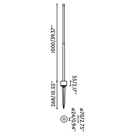 Diagrama de dimensiones de estaca iluminación exterior BAMBOU 1268 negro, faro modelo 75557-110, luminaria de superficie en aluminio y cristal para jardín y paisajismo