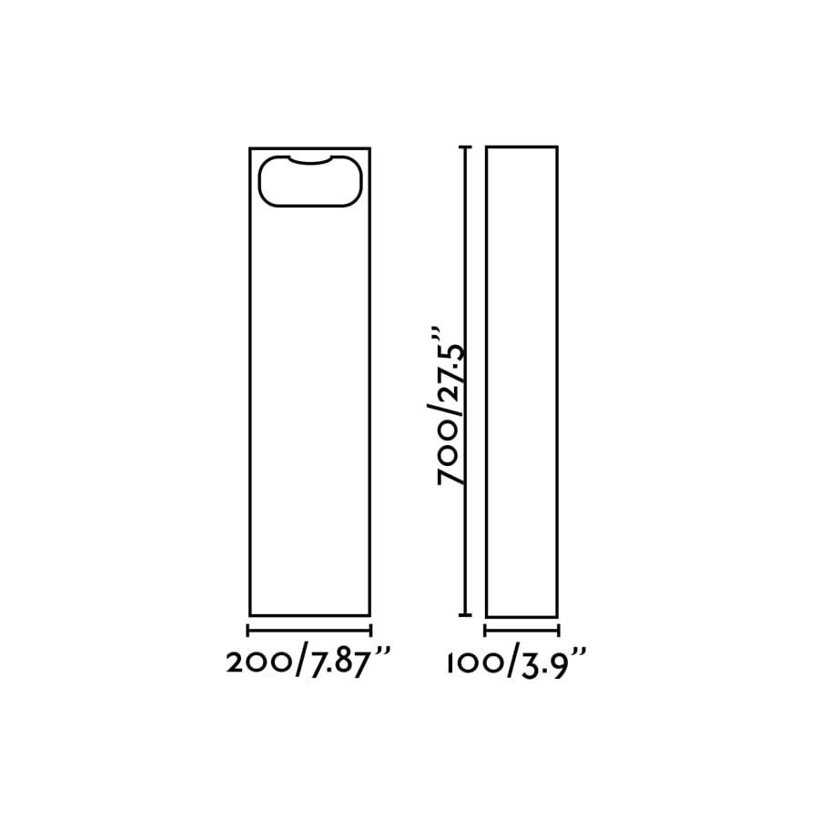Diagrama de medidas y dimensiones de baliza exterior GLINT 700 gris 2700K, faro LED modelo 75638, luminaria superficie IP55 para jardín y patio de cemento