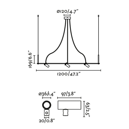 Medidas de Luminaria Colgante Lineal CLAP Blanco 3x6W FARO 75711-133, iluminación exterior LED 3000K IP65 en aluminio