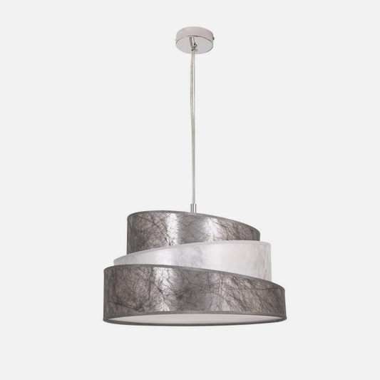 Lámpara colgante Colonia en plata y blanco de 40 cm, diseño moderno de Abrila con estructura metálica y detalles textiles, ideal para iluminación interior y decoración doméstica contemporánea.