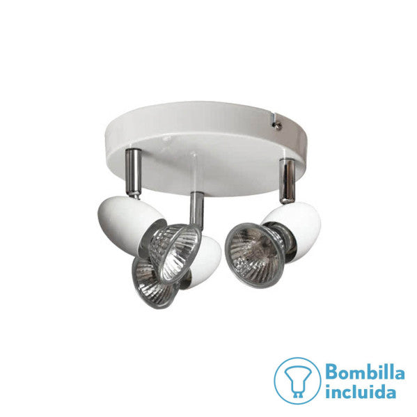 Plafon foco Sonora blanco de Abrila con 3 bombillas GU10 incluidas, diseño moderno y reciclable para iluminación hogareña y decoración en tamaño L