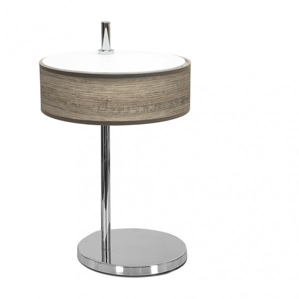 Lámpara de sobremesa Haiti en cromo y gris de Abrila, diseño contemporáneo moderno con base de metal y madera gris, pantalla textil E14 para iluminación de hogar y decoración interior (modelo 051971083).