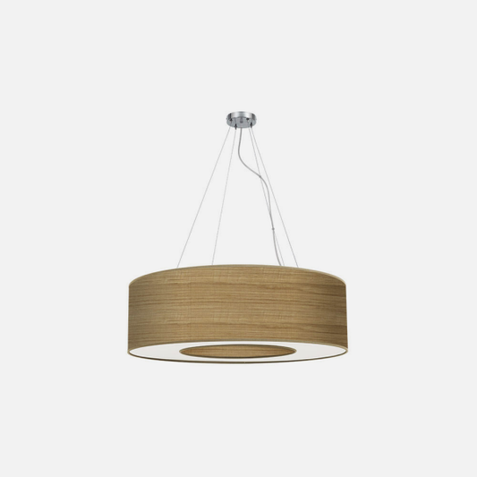Lámpara colgante moderna Peq. Haiti de Abrila en cromo y madera clara, con 4 casquillos E27 para luz difusa, ideal para decoración de interiores domésticos con diseño textil y metal.
