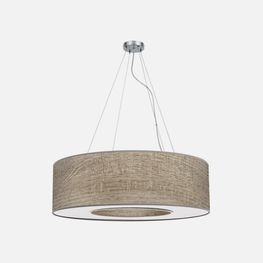 Colgante mediano Haiti de 65 cm en acabado cromo y madera gris de Abrila, lámpara de techo moderna para iluminación interior con diseño en metal y textil, ideal para decoración doméstica (código 051996583)