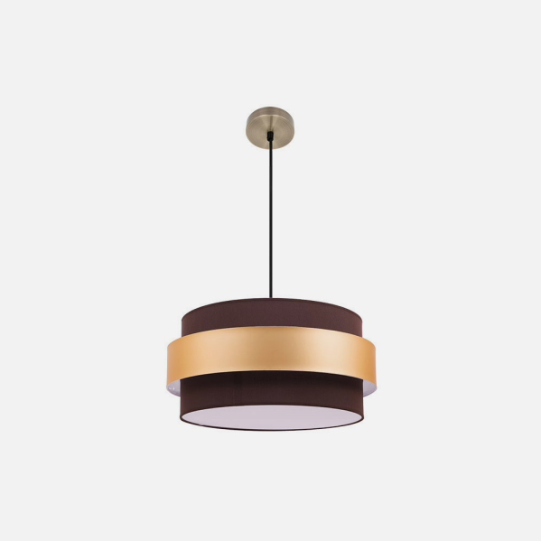 Colgante Bremen de Abrila en cuero marrón con detalles en oro, longitud 40cm, diseño de iluminación interior natural con metal y textil para decoración doméstica moderna.