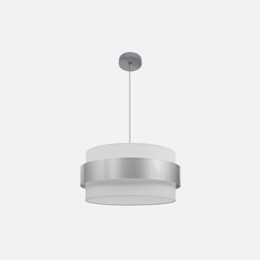 Lámpara colgante Bremen de Abrila en acabado cromo y blanco-plata, modelo 066494020 con 3 casquillos E27 para luz difusa, ideal para decoración interior doméstica en metal y textil.