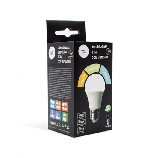 Bombilla LED E27 11W 3000K/6000K de Fabrilamp con memoria, ahorro energético, iluminación interior para el hogar – luz blanca cálida o fría – Código 082351115