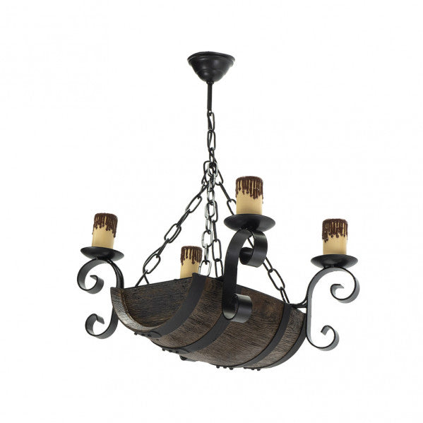 Lámpara rústica de barril con 4 luces en negro y marrón, estilo vintage de Abrila modelo 1.508/4, ideal para decoración interior de casa de campo, fabricada en metal y resina con casquillos E27.