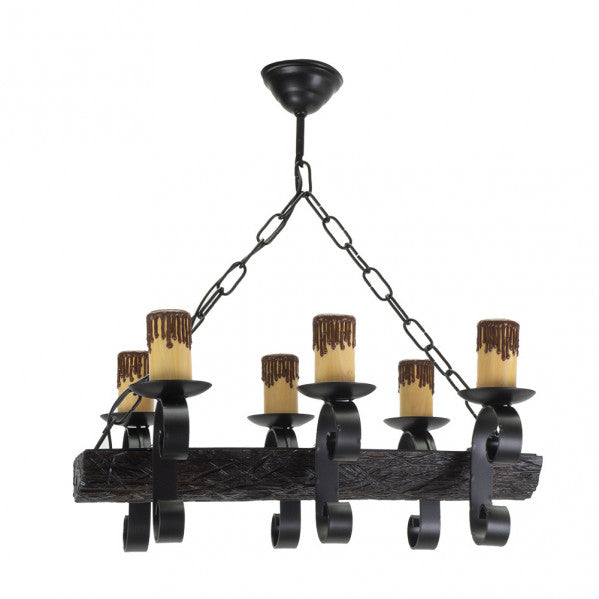 Lámpara rústica de tronco de 6 luces en negro y marrón, diseño Abrila 1.512/6 para iluminación rústica en casa de campo, fabricada en metal y resina con portalámparas E27.