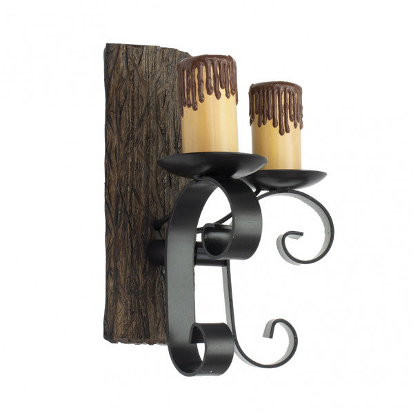 Aplique rústico de pared Tronco con 2 luces en negro y marrón, modelo Abrila 1.612/2, diseño en metal, resina y policarbonato para iluminación interior rústica y decoración doméstica, compatible con bombillas E27.