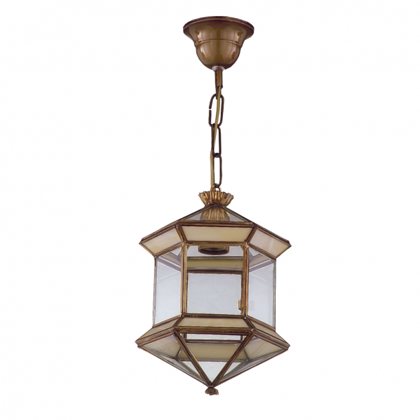 Farol colgante granadino hexagonal opalina en bronce, modelo Abrila 1.973-OPALINA, diseño rústico mudéjar con metal y cristal para iluminación interior doméstica y decoración rústica.