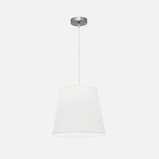 Lámpara colgante Maldivas de Abrila en níquel y blanco, diámetro 35 cm, diseño clásico con casquillo E27 para iluminación doméstica y luz difusa, ideal para decoración interior moderna con textil y metal.