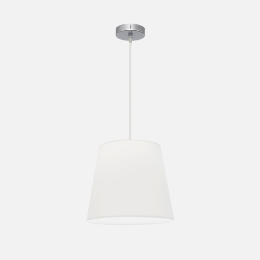 Lámpara colgante Maldivas en cromo y blanco de 35 cm, diseño Abrila con casquillo E27 para luz difusa, ideal para decoración interior doméstica, regulable en altura y combinando textil y metal.