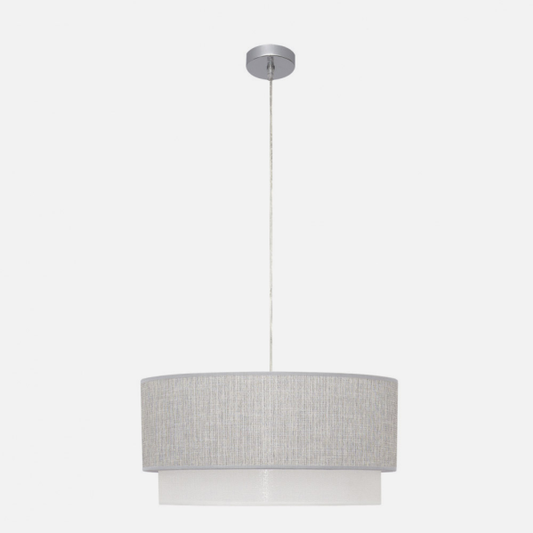 Lámpara colgante Kenya de Abrila en gris y blanco, diseño moderno de 50x50 cm con 3 casquillos E27, ideal para iluminación interior doméstica, material metal y textil inspirado en naturaleza.