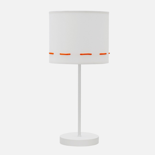 Lámpara sobremesa Trazos en naranja de 17 cm de diámetro, diseño infantil de Abrila (modelo 111271004) con base textil y patrón de trazos artísticos, ideal para iluminación decorativa en habitaciones de niños, compatible con bombilla E14.