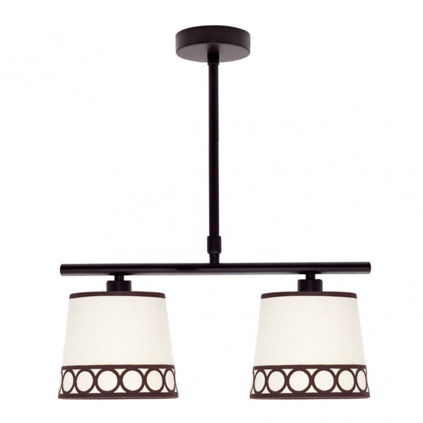 Lámpara de mesa Dalia en beige y marrón de Abrila, modelo 114852002 con 2 casquillos E14, diseño clásico de metal y textil para iluminación interior doméstica y decoración elegante.