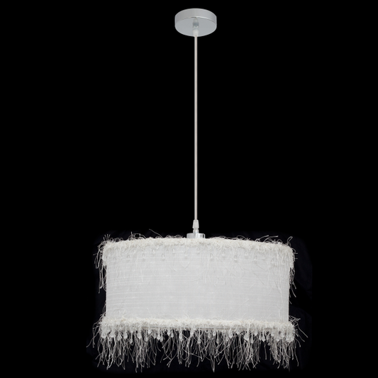 Colgante de hilos Abrila en blanco de 40 cm con casquillo E27, diseño vintage de metal y textil para iluminación interior doméstica y decoración.