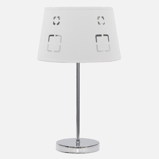 Lámpara sobremesa Celaya de Abrila en blanco con diseño geométrico moderno, base de metal textil y luz difusa 1xE14 para iluminación interior y decoración elegante.