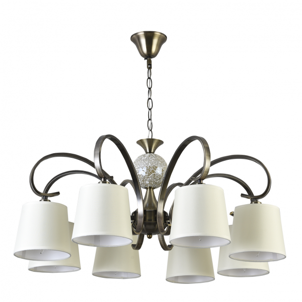 Lámpara clásica Concordia de 8 bombillas E14 con pantalla de cuero beis, diseño elegante en metal, textil y cristal para iluminación general y decoración interior por Abrila, referencia 122358014.