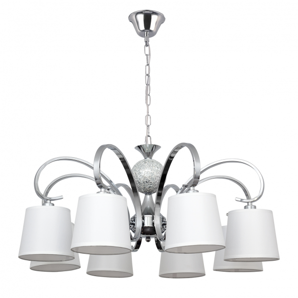 Lámpara de techo Concordia 8xe14 en cromo y blanco de Abrila, modelo 122358020 con cristal, metal y detalles textiles para iluminación interior clásica y decoración elegante.