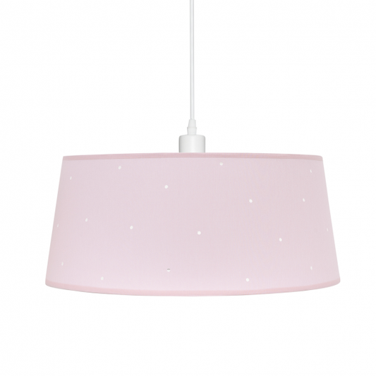 Colgante infantil textil de 40x40 cm en color rosa para consciencia, diseño Abrila con casquillo E27 y luz difusa, ideal para decoración de interiores domésticos infantiles, estructura de metal blanco.