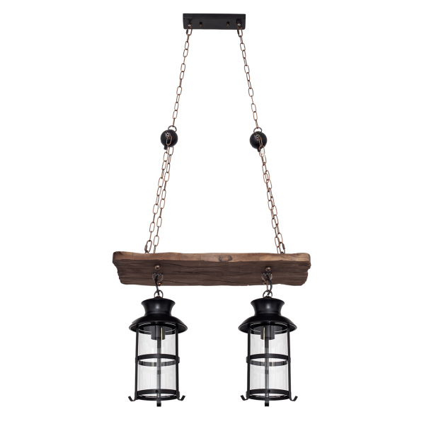 Lámpara colgante rústica Cortijo 2xE27 en marrón de Abrila, con estructura de madera, metal y cristal para decoración de interiores en casas de campo y salones rústicos (modelo 124492002).