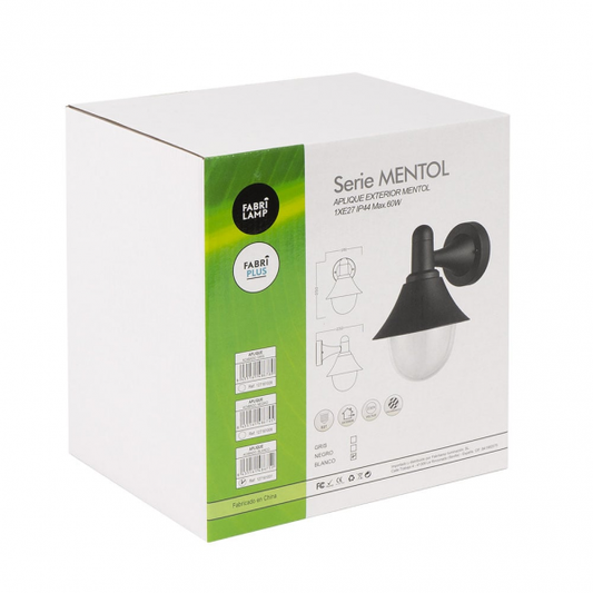 Aplique Exterior Mentol Gris IP44 de Fabrilamp, modelo 127161028 – luminaria clásica para exterior en policarbonato gris IP44.